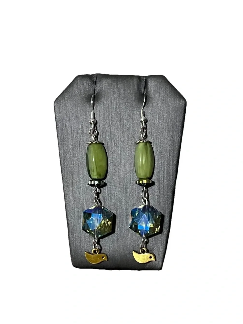 Handmade Beaded Dangle Earrings Olive Green Crystal Drop Gold Bird Charm Boho